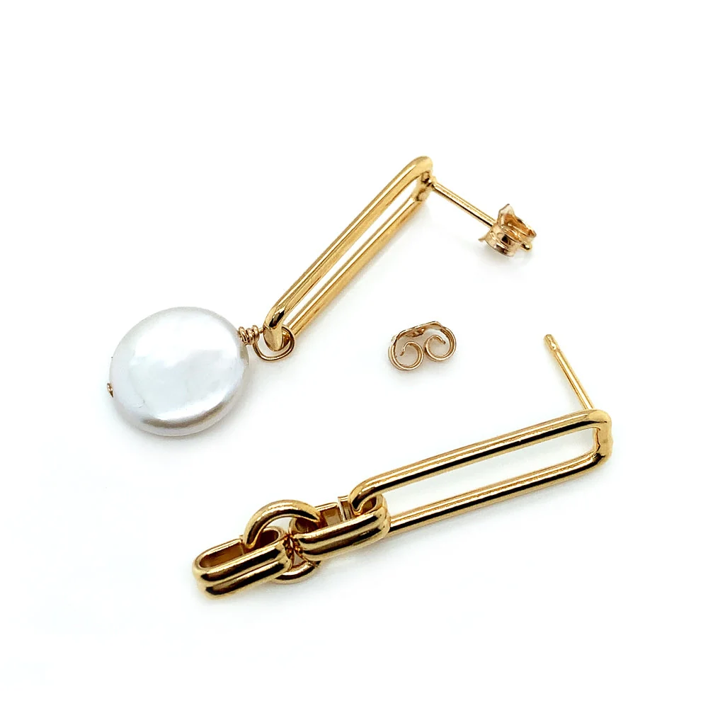 Yellow Gold Plated Asymmetrical Paperclip and Pearl Earrings - "Hope Asymmetrical" - Image 2