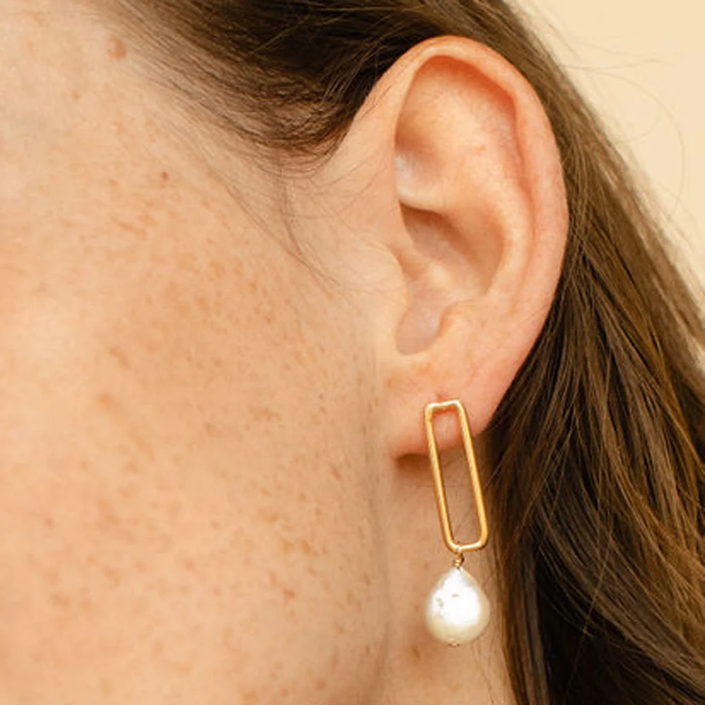 Yellow Gold Plated Asymmetrical Paperclip and Pearl Earrings - "Hope Asymmetrical" - Image 3
