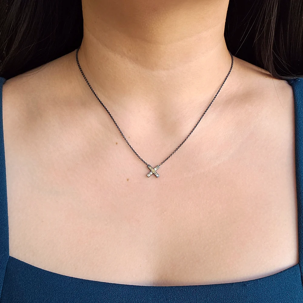 Diamond, Gold & Sterling Silver Necklace - "X" - Image 4