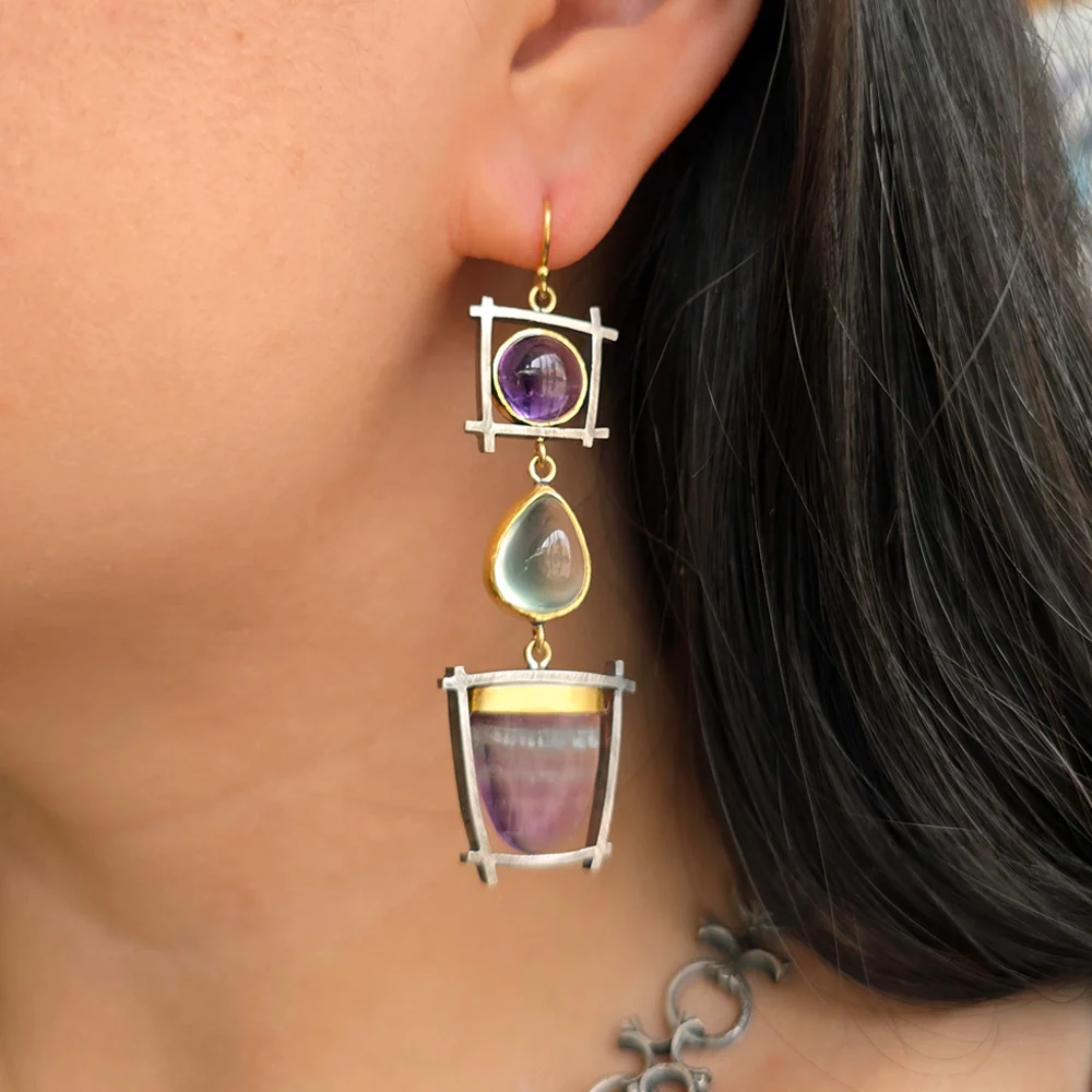 Amethyst, Prehnite & Fluorite Drop Earrings - "Suspension" - Image 2