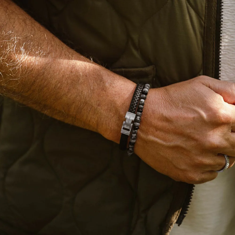 Black Leather & Stainless Steel Bracelet - "Archie" - Image 2