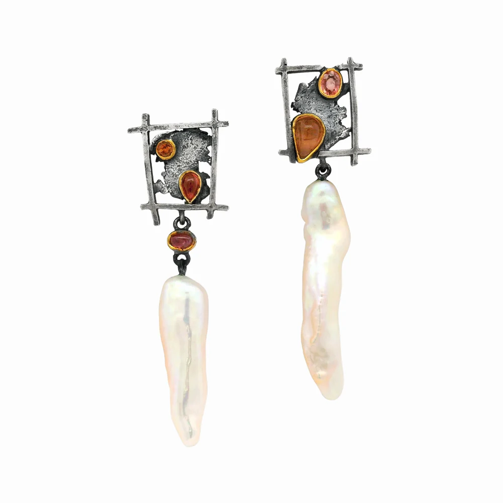 Asymmetrical Pearl Earrings with Pink Sapphires - "Pearl River"