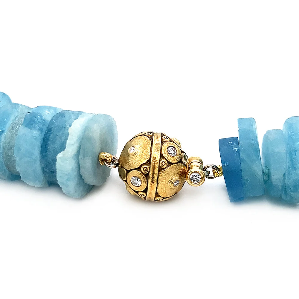 Beaded Rough Aquamarine Disc Necklace with Diamond Lilies Clasp - "Glaciers Edge" - Image 4