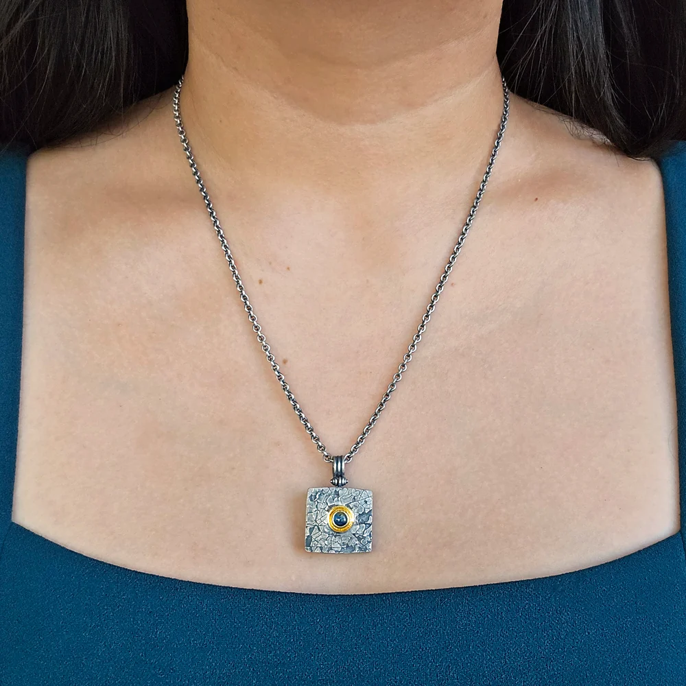 Blue Montana Sapphire, Silver & Gold Necklace - "Mini Square" - Image 2