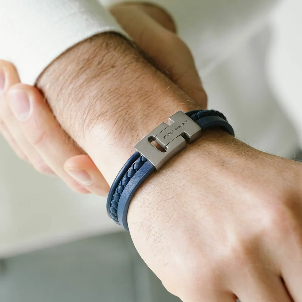 "Casual Cole" Denim Blue Three-Strand Leather Bracelet by Steel & Barnett - Image 2