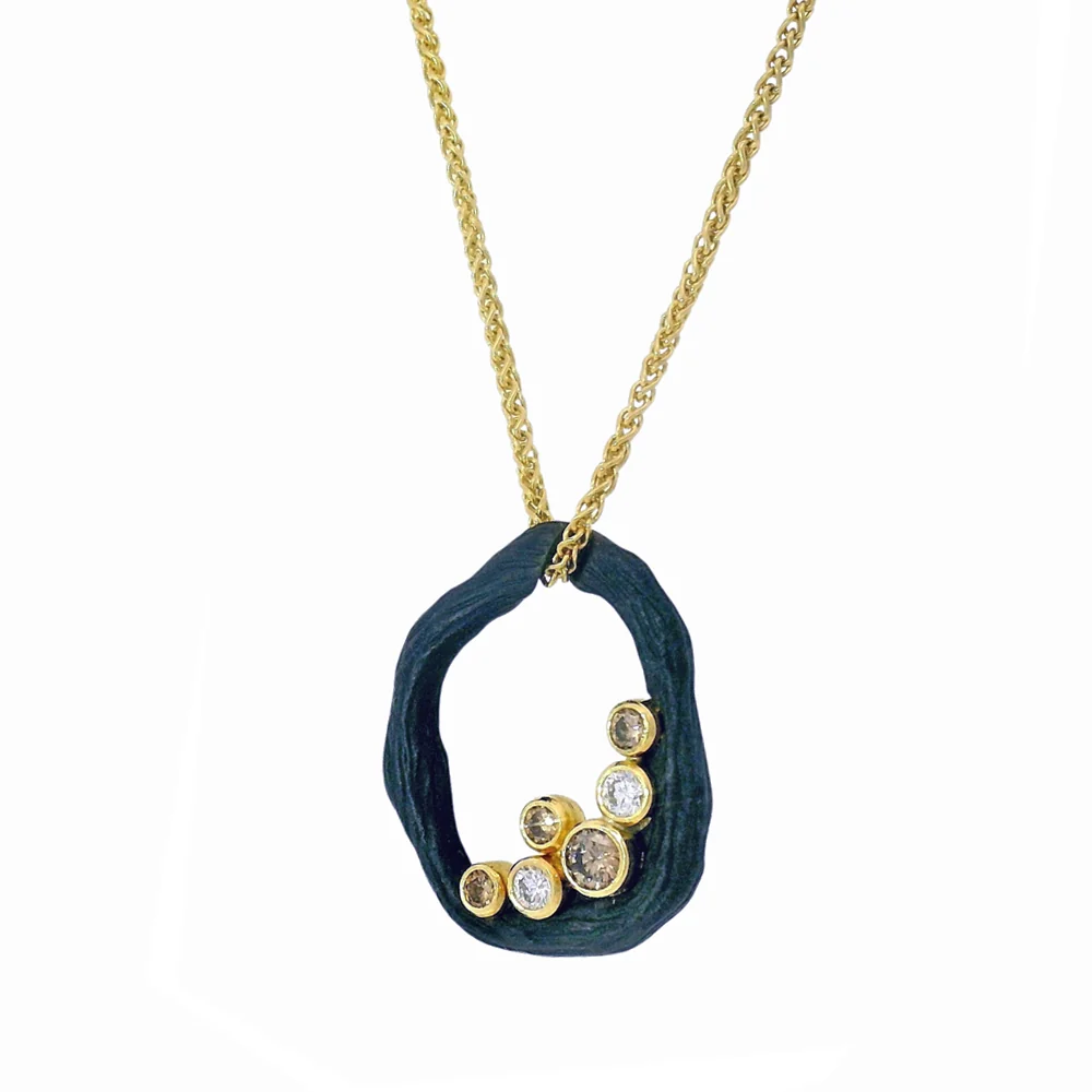 Cognac & White Diamond Blackened Cobalt Chrome Necklace - "Pebble" - Image 3