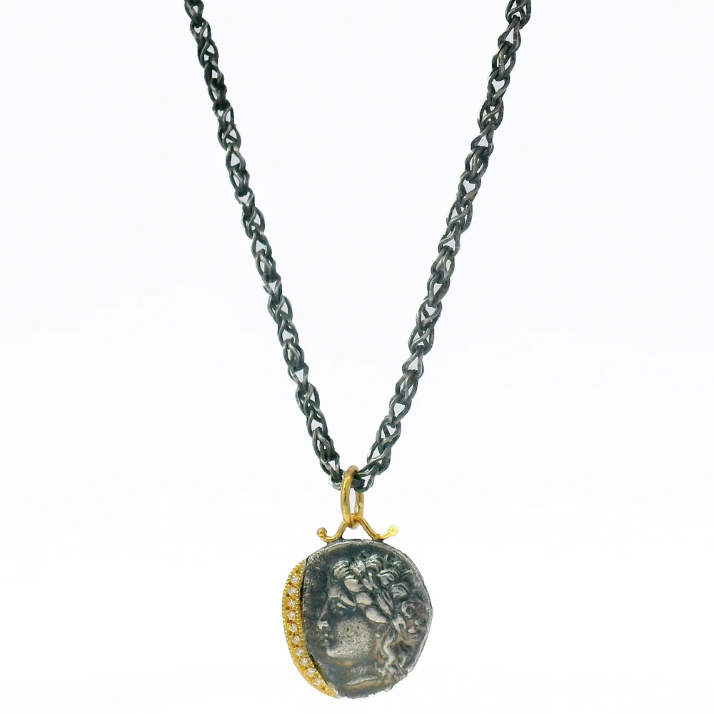 Diamond, Yellow Gold & Silver Coin Pendant - "Goddess of the Hunt" - Image 4