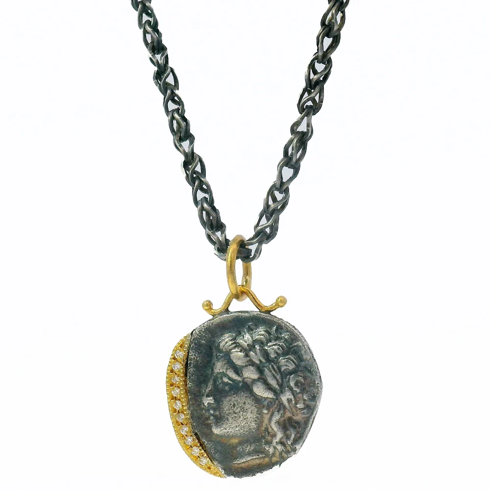 Diamond, Yellow Gold & Silver Coin Pendant - "Goddess of the Hunt" - Image 6