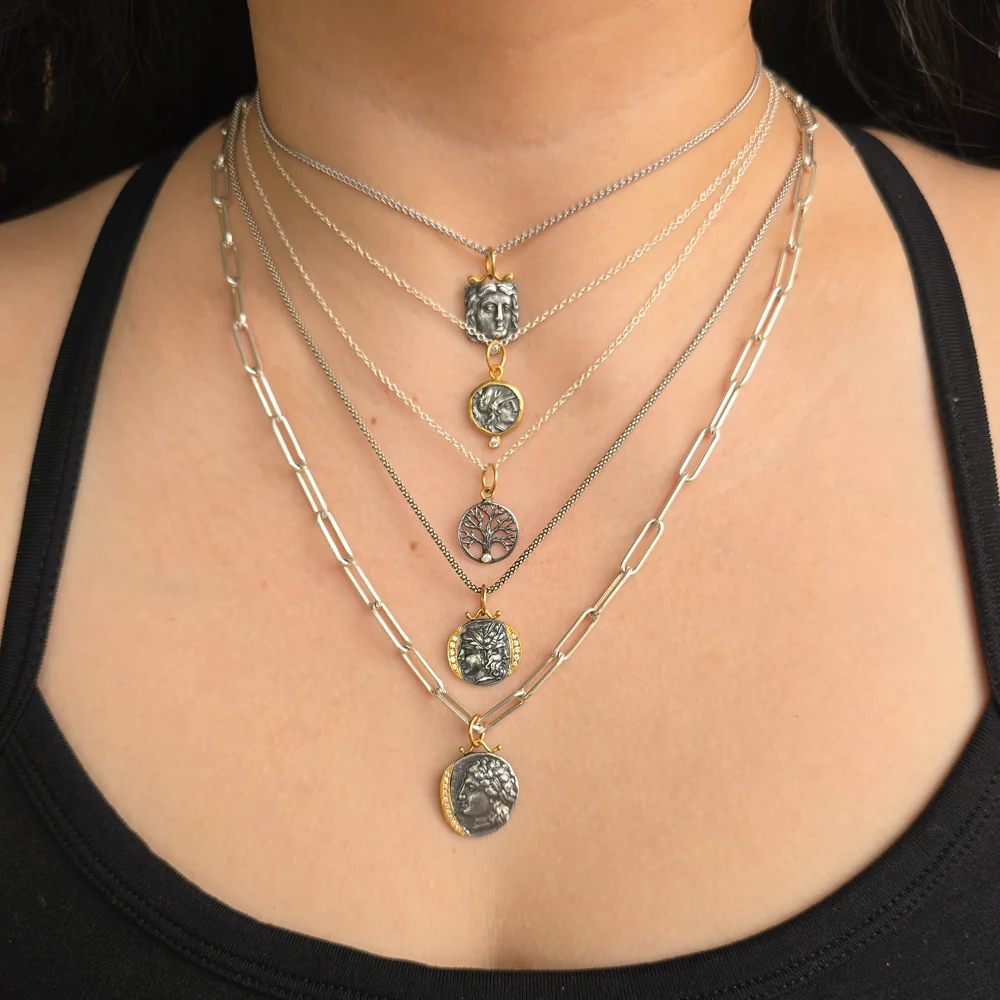 Diamond, Yellow Gold & Silver Coin Pendant - "Goddess of the Hunt" - Image 7