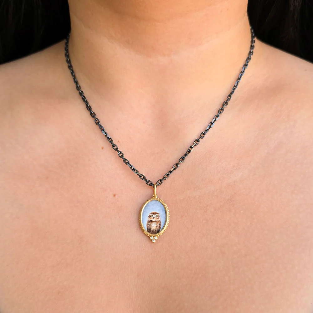 Vitreous Enamel Diamond Pendant - "Baby Hoot Owl" - Image 4