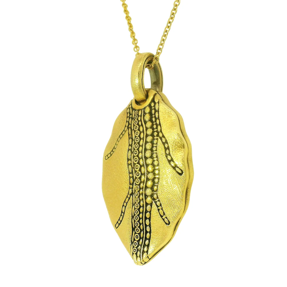 Yellow Gold Textured Pendant - "Leaf" - Image 4