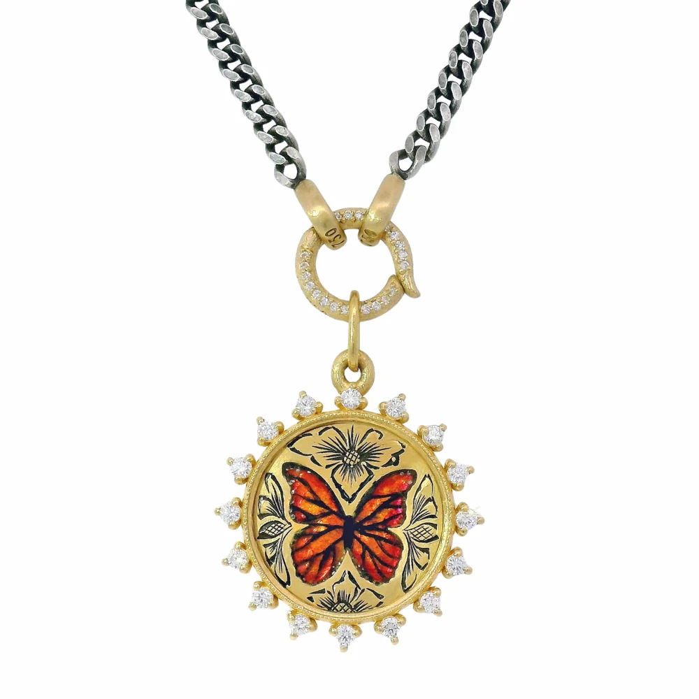 Gold Pendant With Enamel & Diamonds - "Farfalla" - Image 3