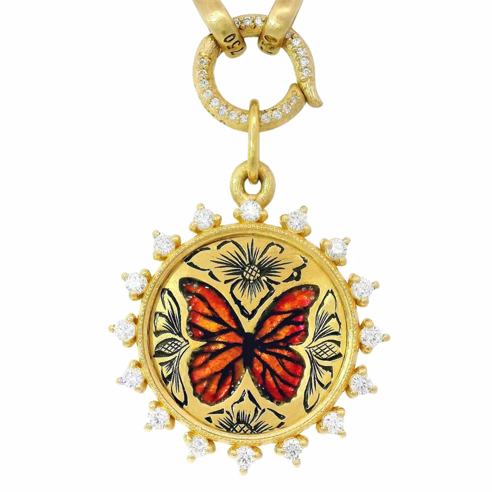 Gold Pendant With Enamel & Diamonds - "Farfalla" - Image 4