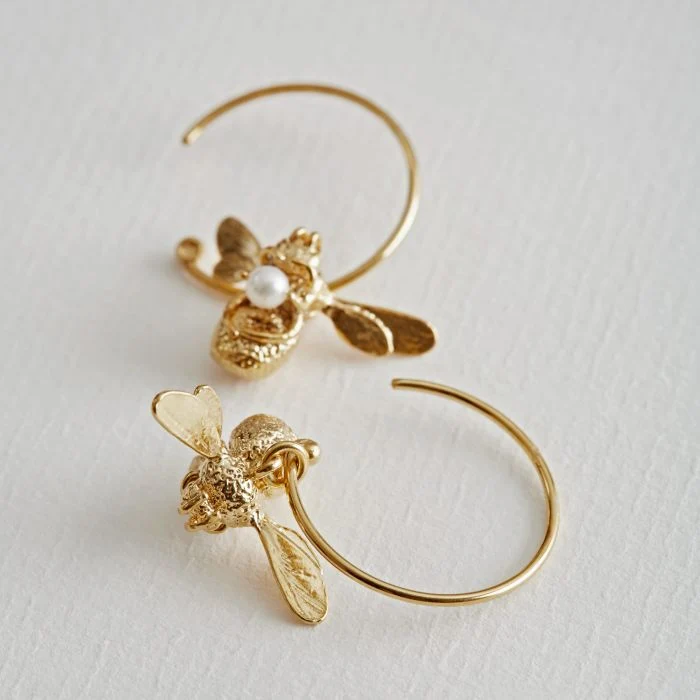 Gold Vermeil Freshwater Pearl Hoop Earrings - "Flying Bee" - Image 2