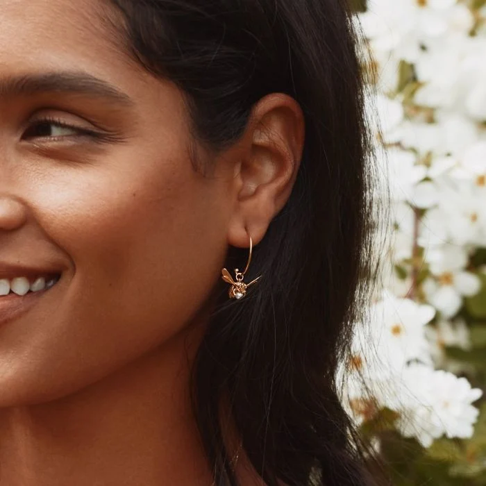 Gold Vermeil Freshwater Pearl Hoop Earrings - "Flying Bee" - Image 3