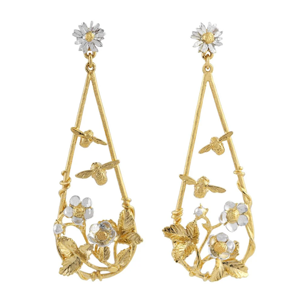 Gold Vermeil & Sterling Silver Earrings - "Strawberry Patch with Buzzing Bees"