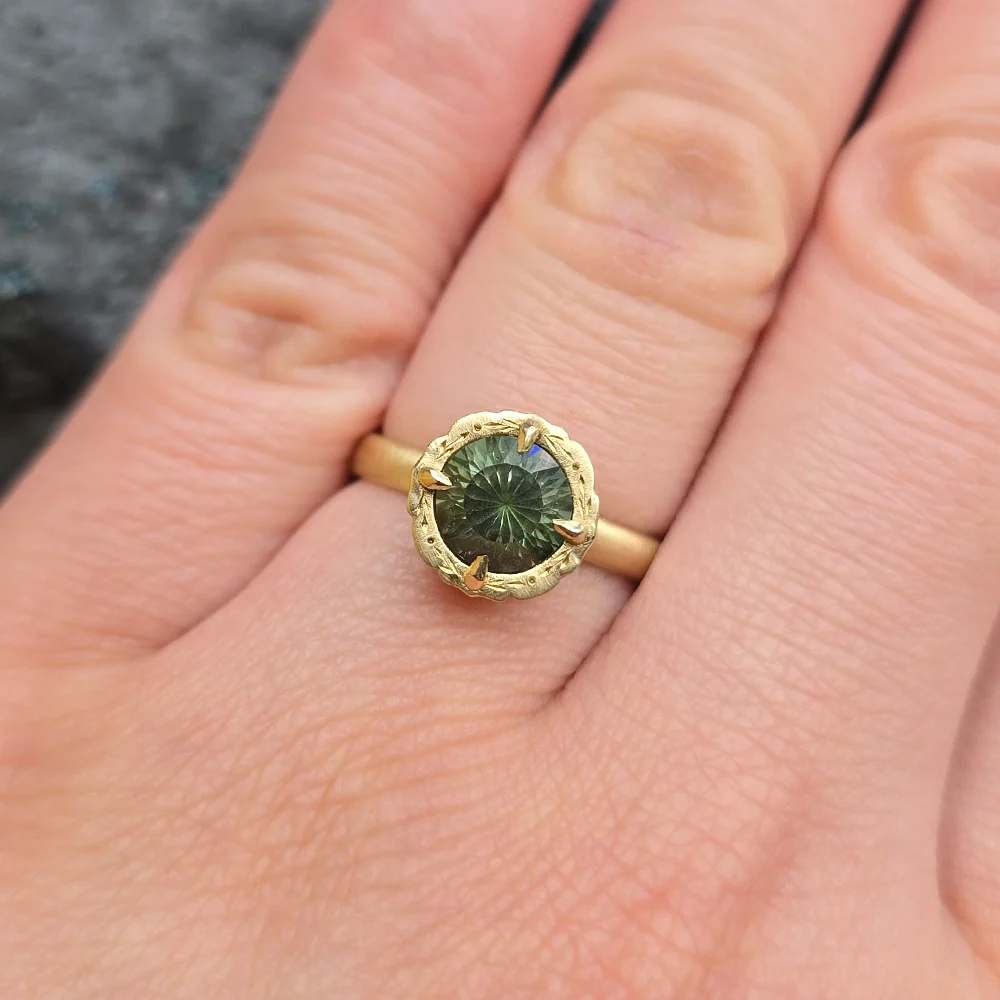 Green Montana Sapphire & Diamond Engagement Ring - "Eye of the Jungle" - Image 7