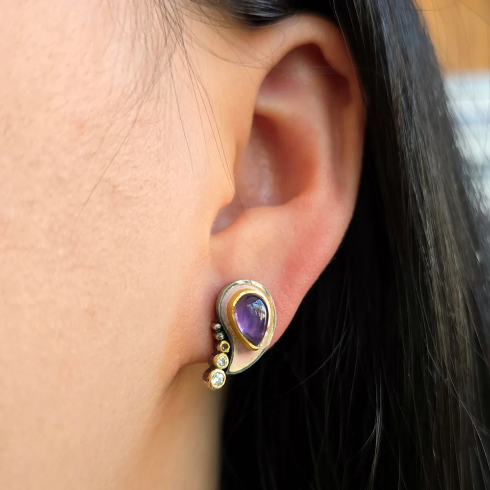 Amethyst & Diamond Mixed Metal Stud- "Medici Vetus" - Image 2