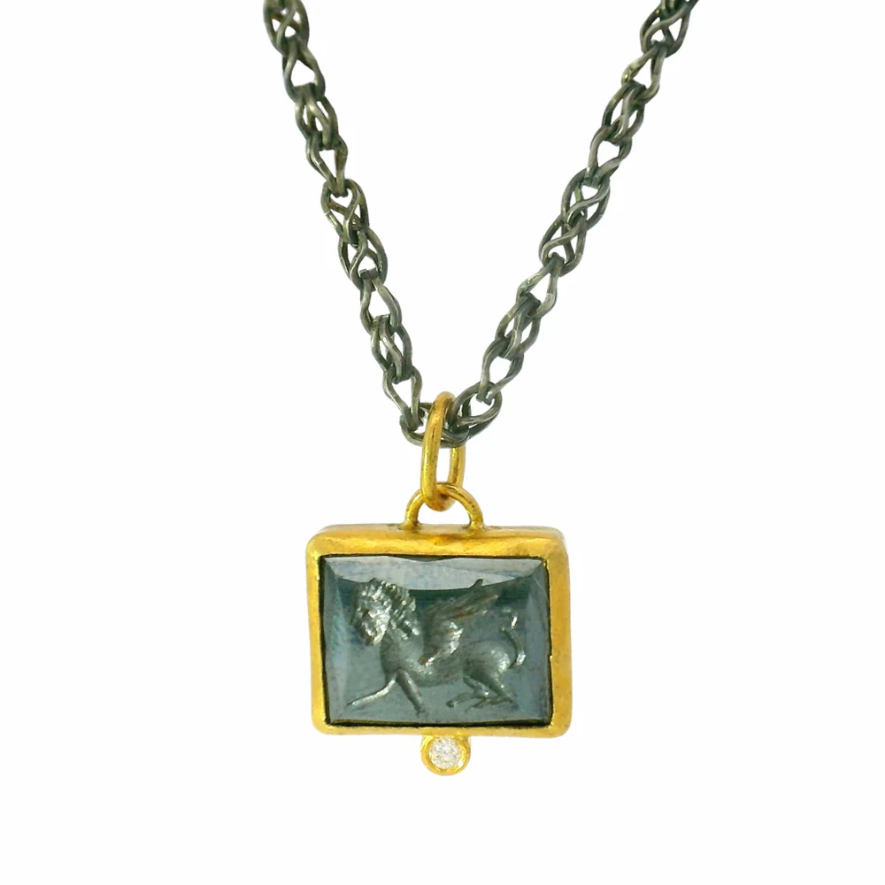 Hematite, Silver, Yellow Gold & Diamond Pendant - "Intaglio Storm" - Image 4
