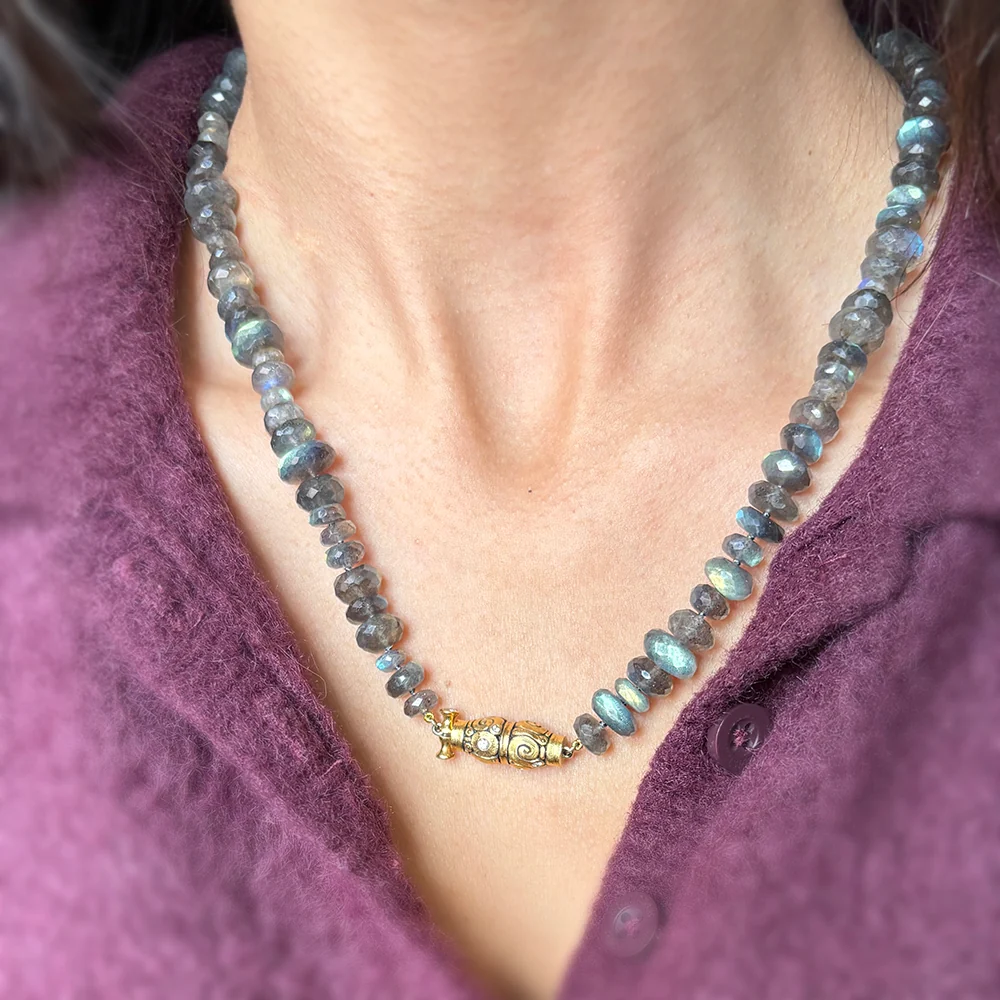 Labradorite Beaded Necklace & Diamond Clasp- "Seashell" - Image 5