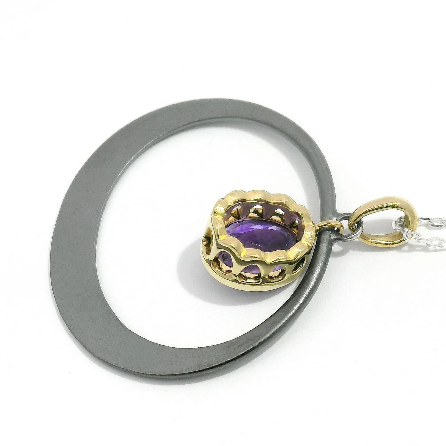 Montana Amethyst, Sterling Silver & Yellow Gold Necklace - "Petite Oval" - Image 5