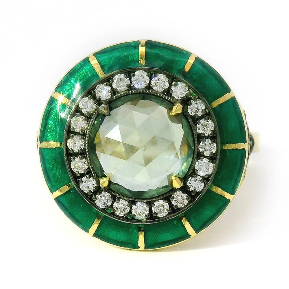 Montana Sapphire, Diamond & Enamel Ring - "Rock Candy Succulent Paradise"
