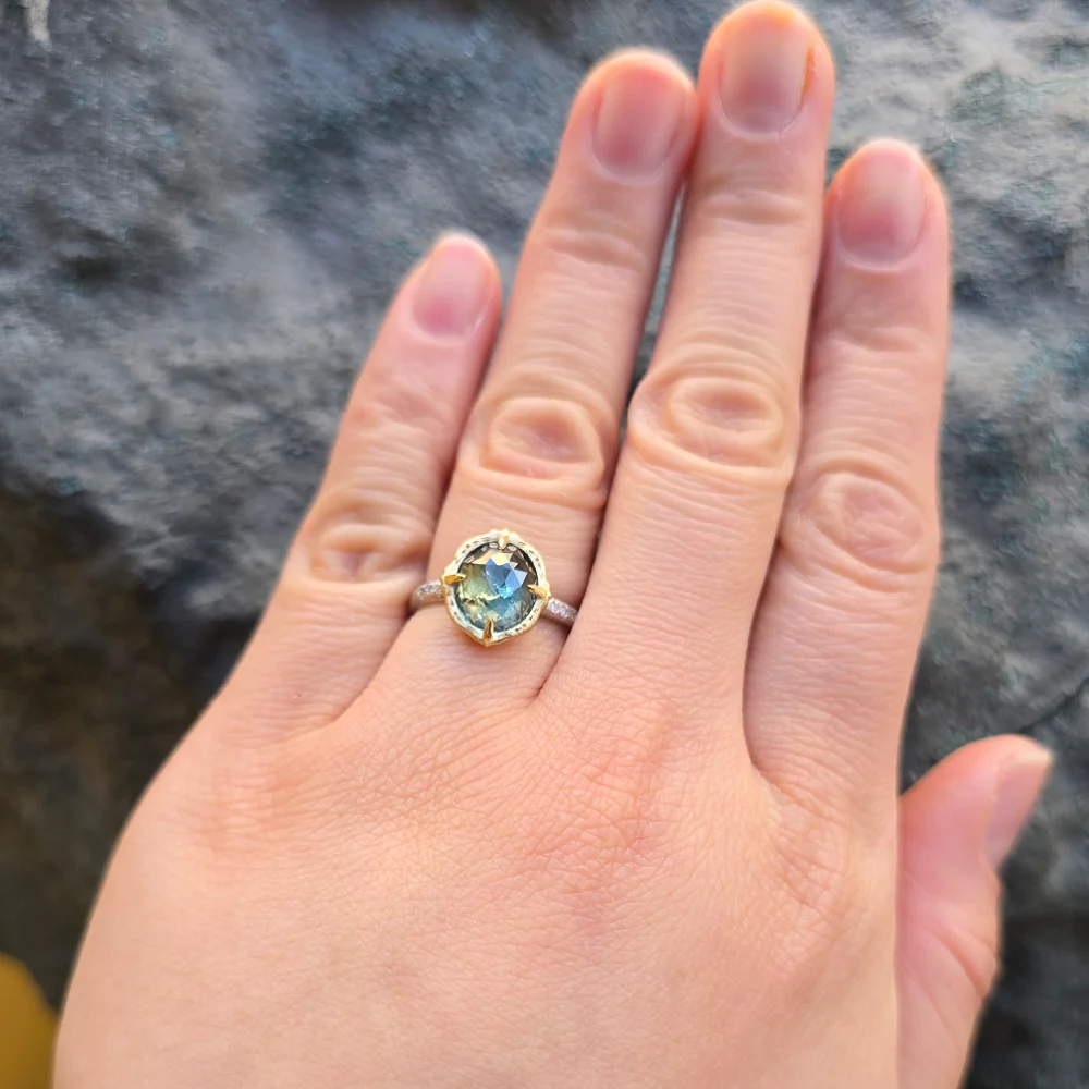 Oval Bi-Color Green & Pale Yellow Montana Sapphire Ring -"Lotus" - Image 7