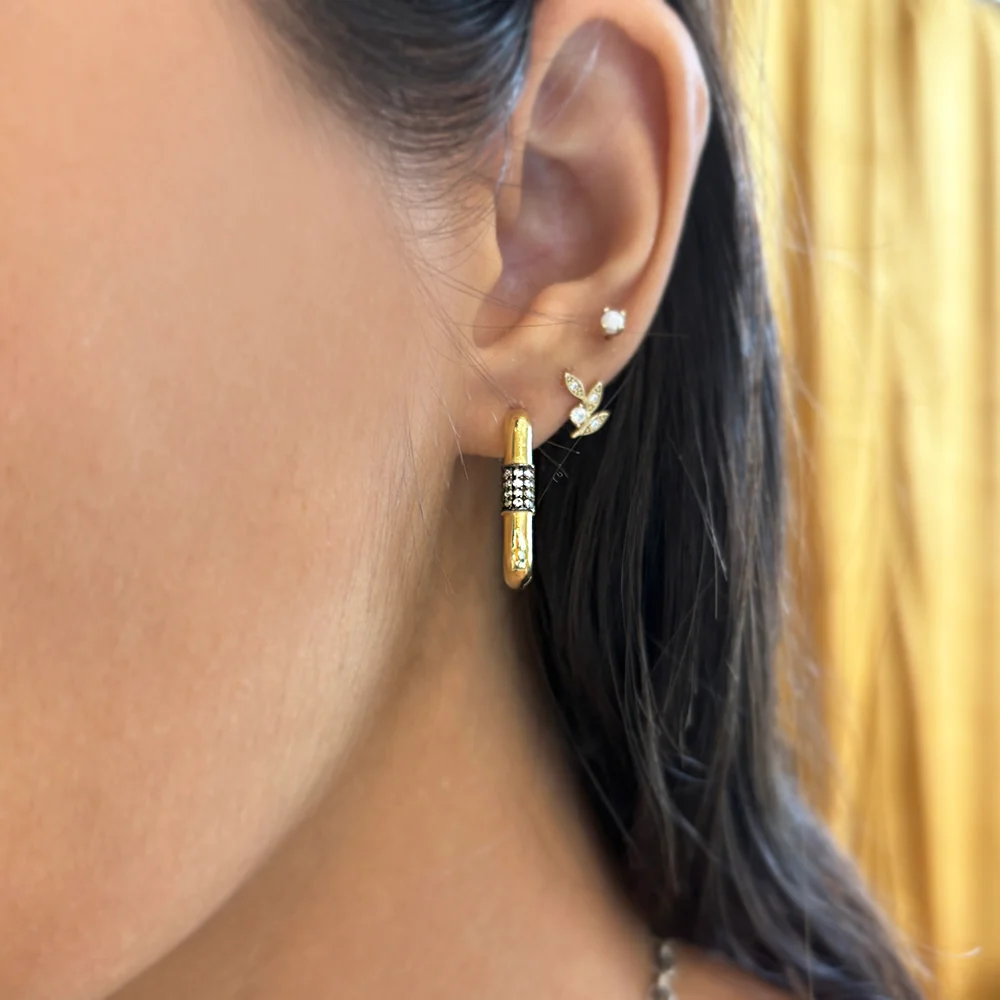 Pavé Diamond & Gold Huggie Hoop Earrings - "Golden Night" - Image 2