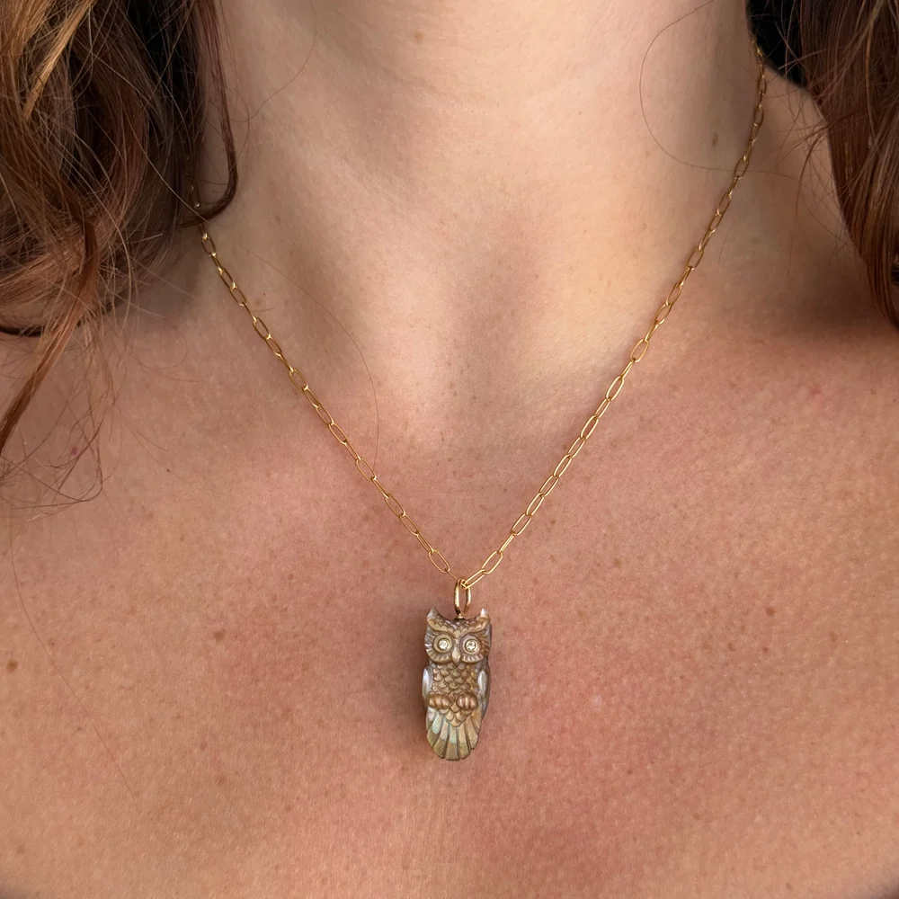 Penguin Wing Oyster Shell & Diamond Pendant - "Copper Owl" - Image 2