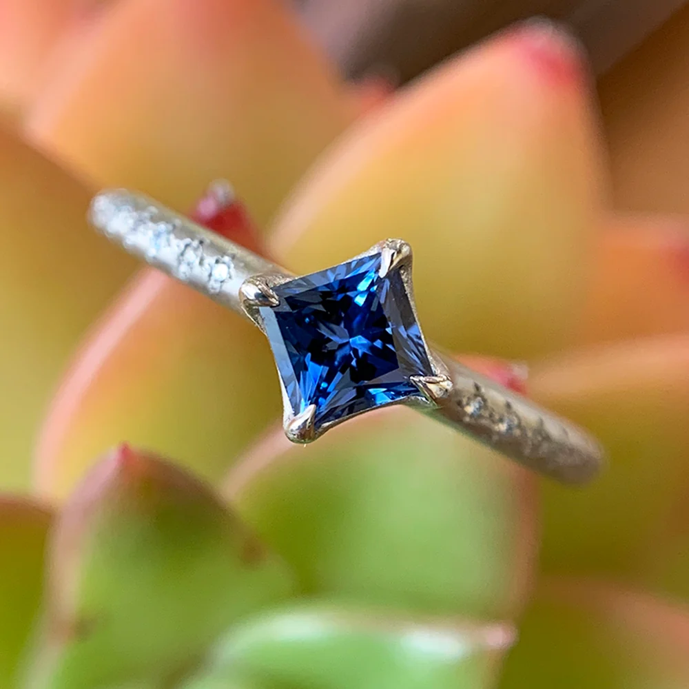 Princess-Cut Yogo Sapphire & Diamond Ring - "Winter Rosebud" - Image 6