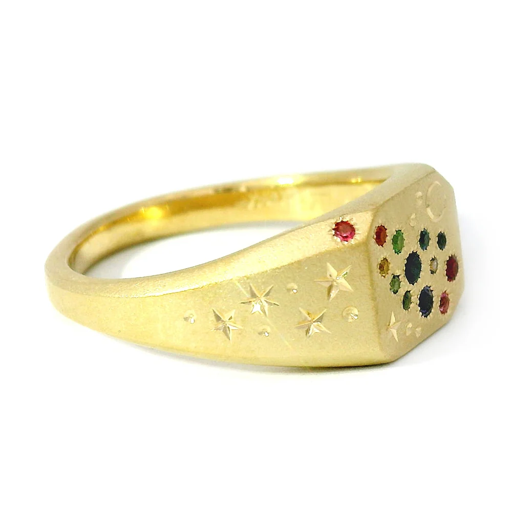 Rainbow Sapphire & Yellow Gold Signet Ring - "Rainbow Cut-Corner" - Image 4