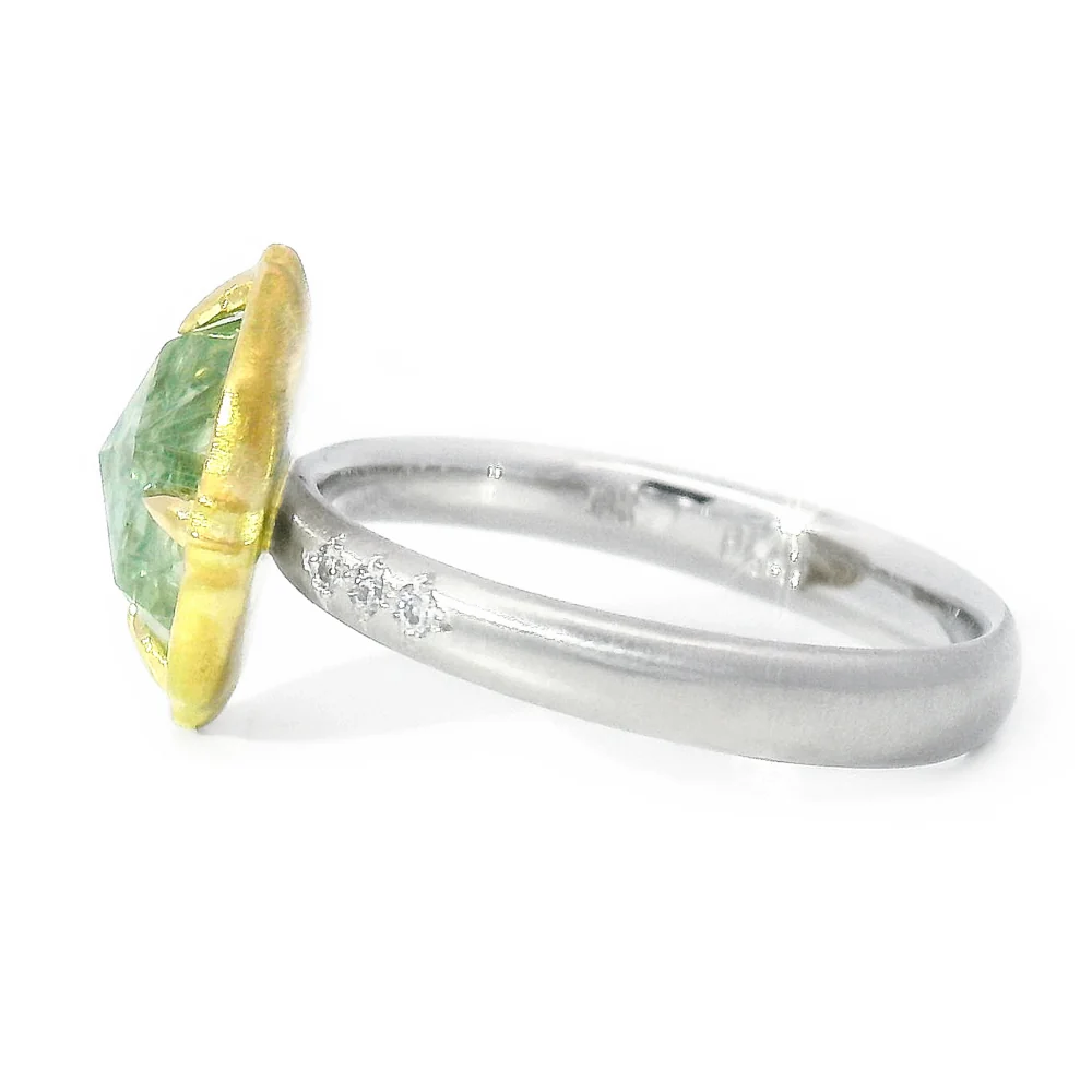 Rose Cut Light Spring Green Montana Sapphire Ring - "Lotus" - Image 4