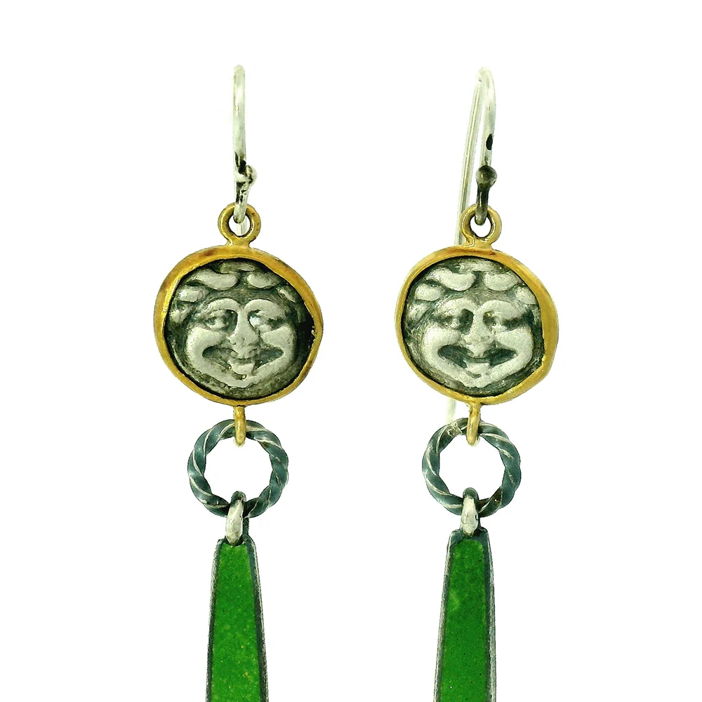 Cast Silver Hemidrachs & Enamel Drop Earrings - "Medusa the Gorgon" - Image 2