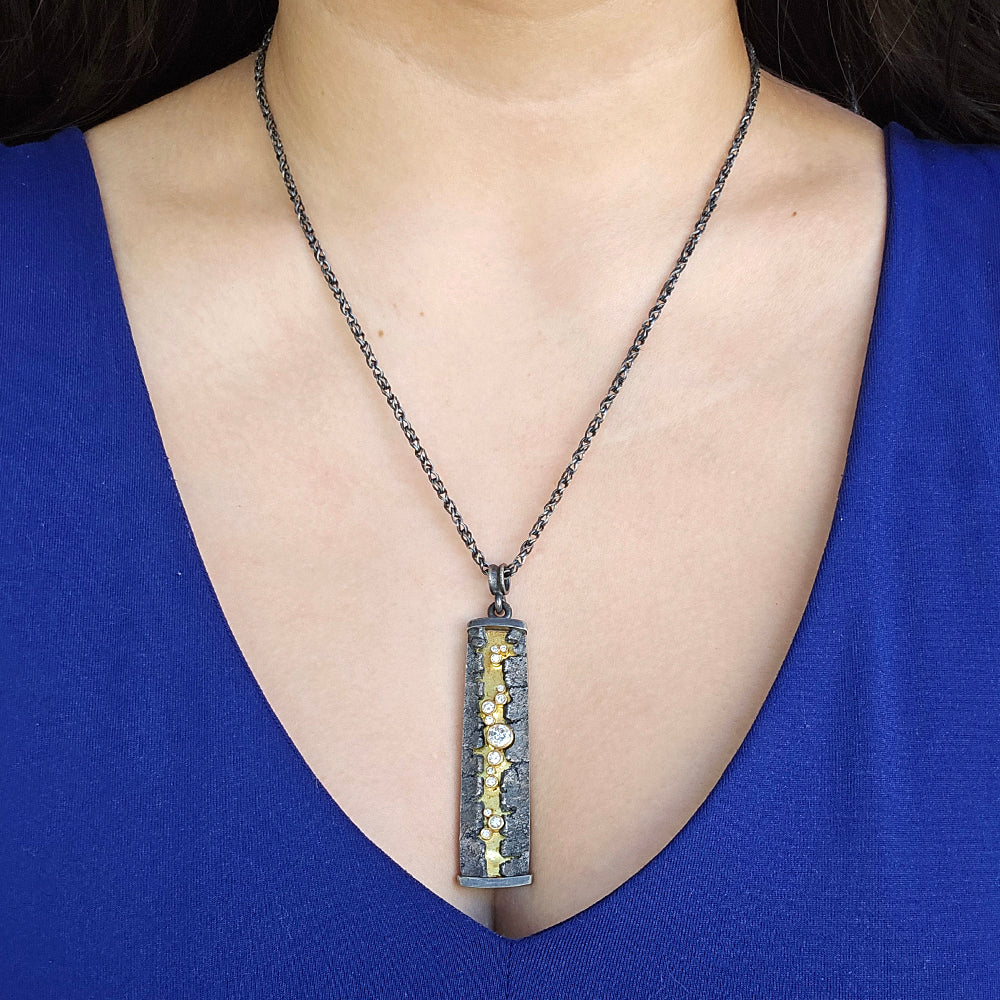 Sterling Silver and Gold Necklace with Diamonds - "Column" - Image 6