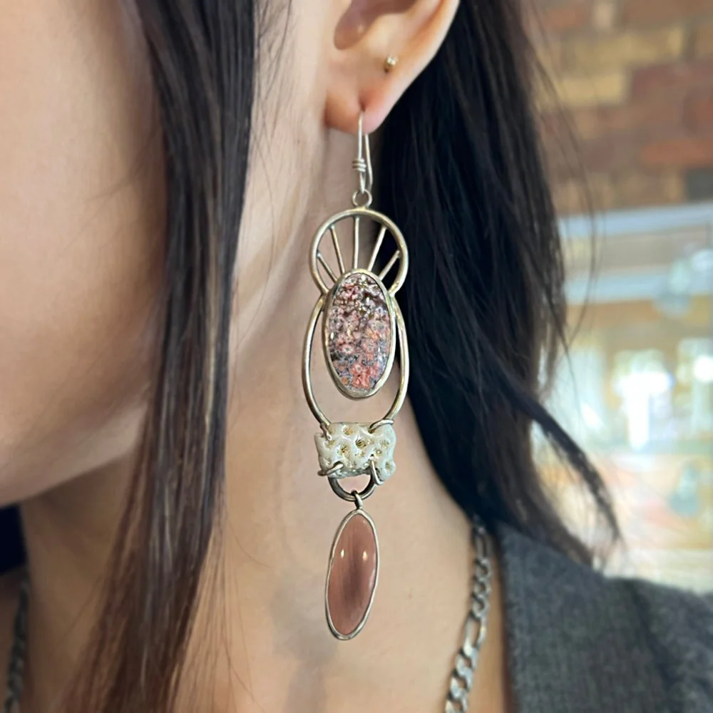 Sterling Silver, Ocean + Imperial Jasper, & Coral Earrings - "Coral Garden" - Image 3