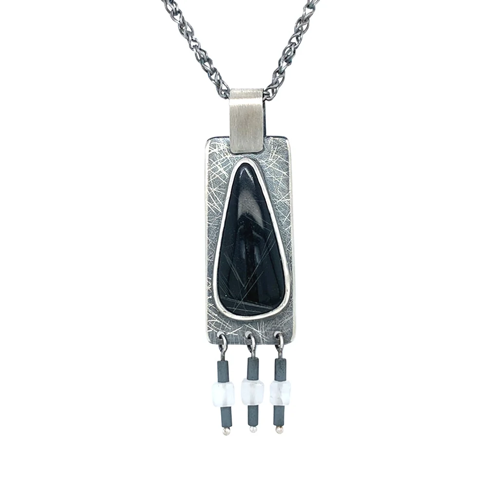 Sterling Silver, Rutile Quartz & Onyx Pendant - "Touch of Night" - Image 2