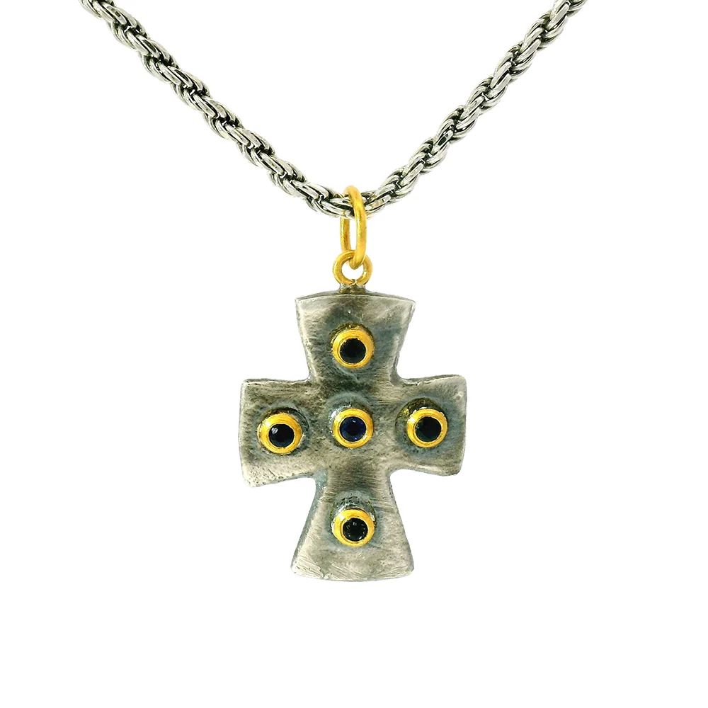 Blue Sapphire Cross Pendant - "Byzantine" - Image 5