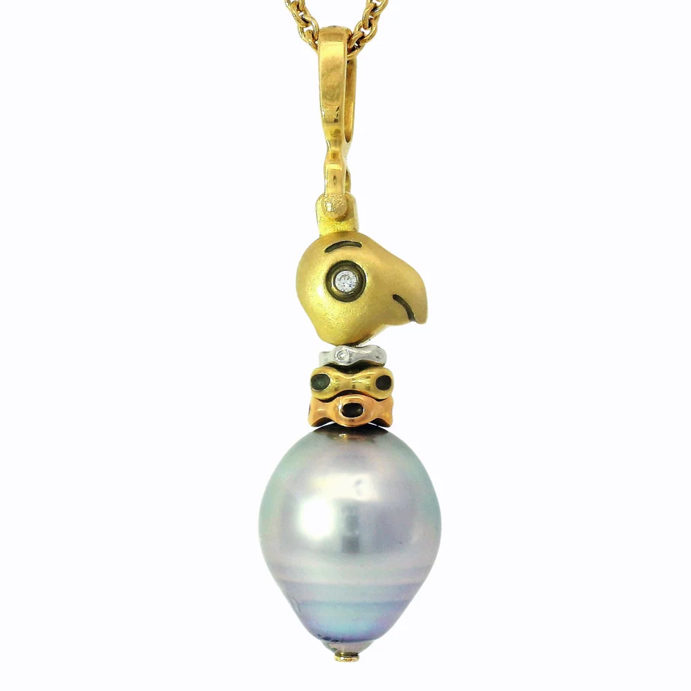 Tahitian Pearl & Multi-Tone Gold Pendant - "Fable Animals & Strange Characters" - Image 2