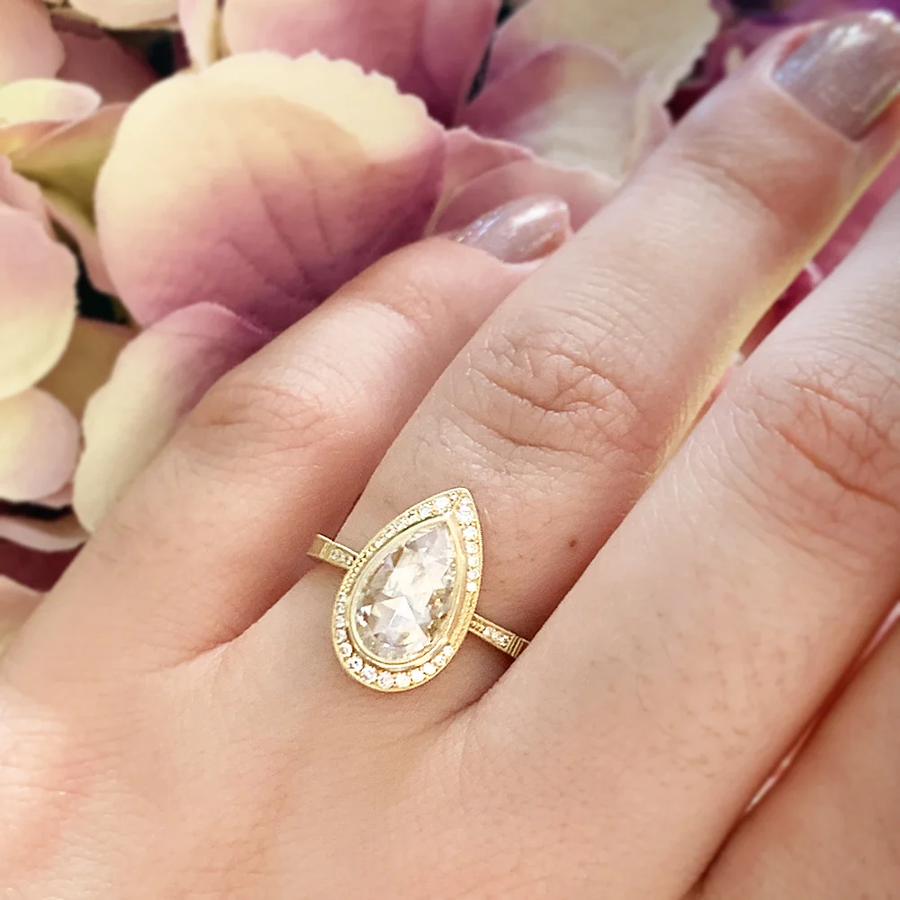 Pear Shaped Rose Cut Diamond Engagement Ring - "Virginia Halo" - Image 6