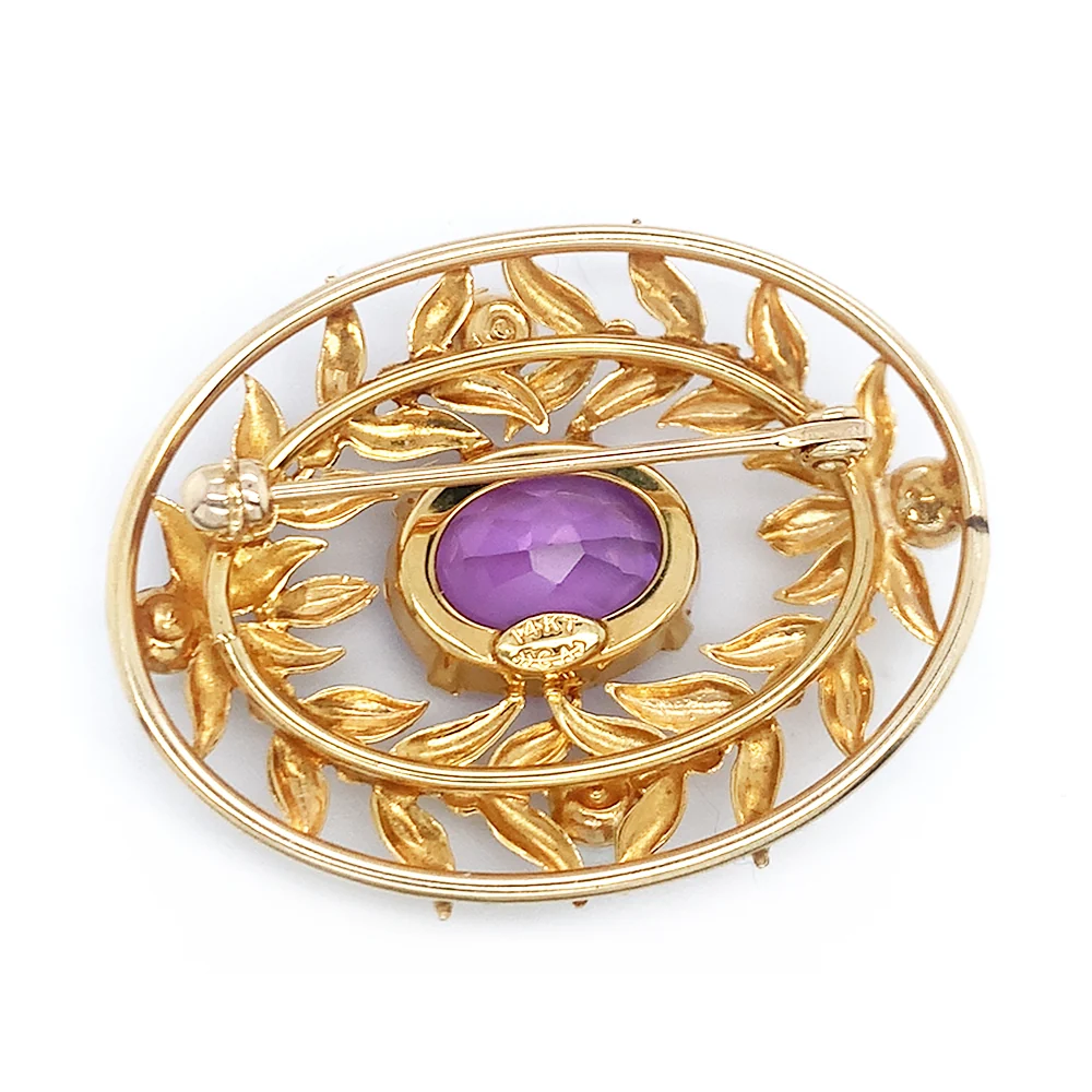 Yellow Gold, Pearl & Amethyst Brooch - "Purple Wreath" - Image 2