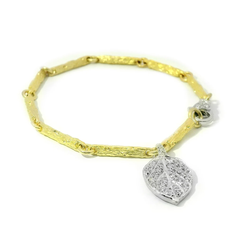 Yellow & White Gold Branch Link Bracelet with Diamond Leaf - "Aspen Pavé" - Image 2