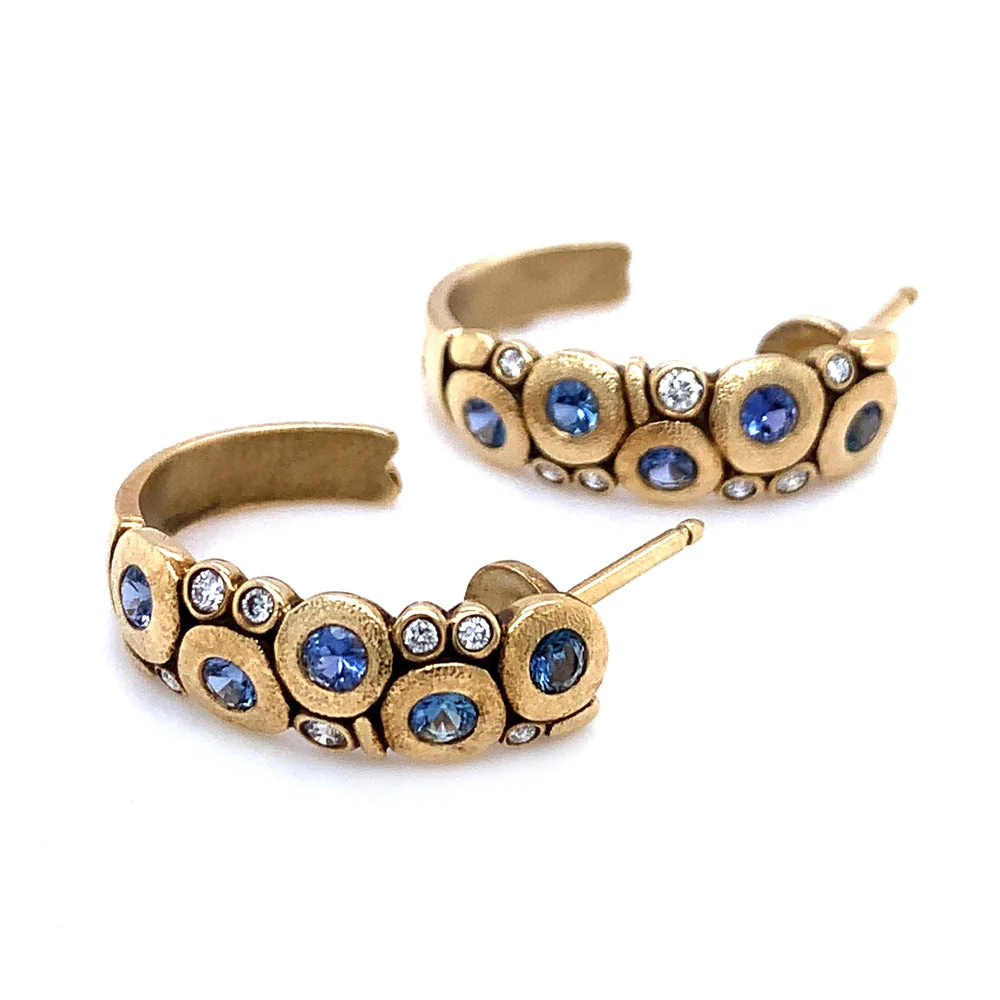 Yogo Sapphire & Diamond Semi Hoop Earrings - "Large Candy" - Image 3